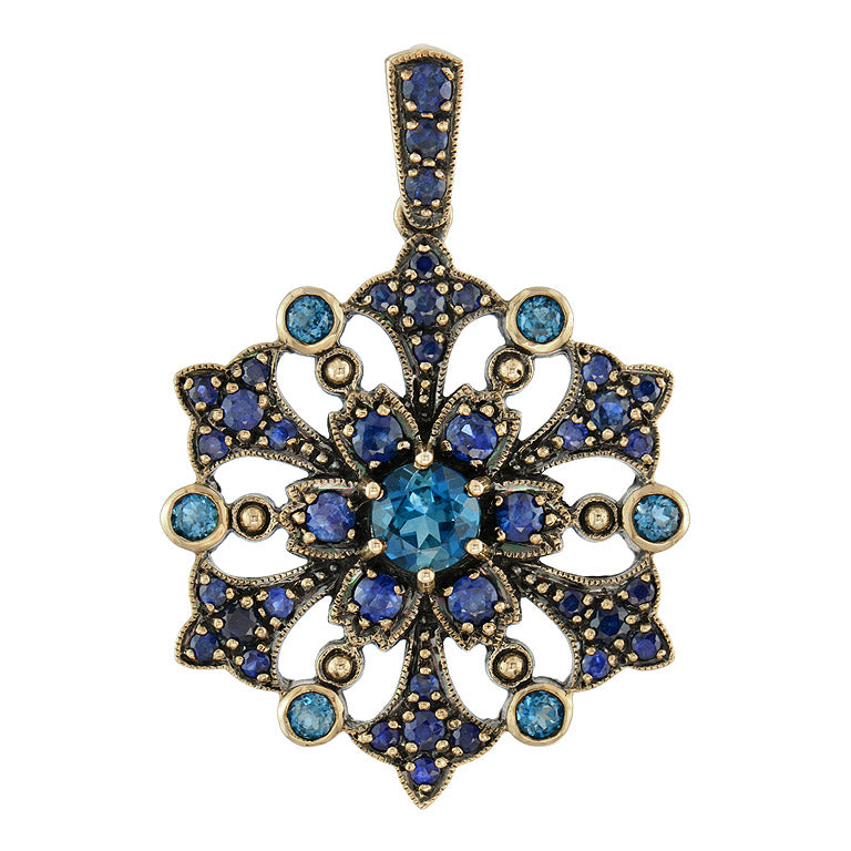 London Blue Topaz Sapphire Vintage Style Floral Yellow Gold Pendant