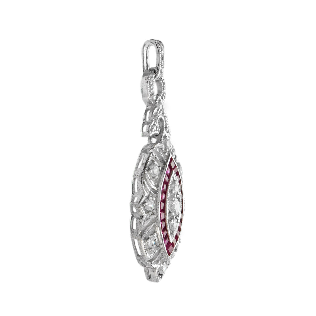 Diamond & Red Pink Ruby Art Deco Style Marquise Shape Dangle White Gold Pendant