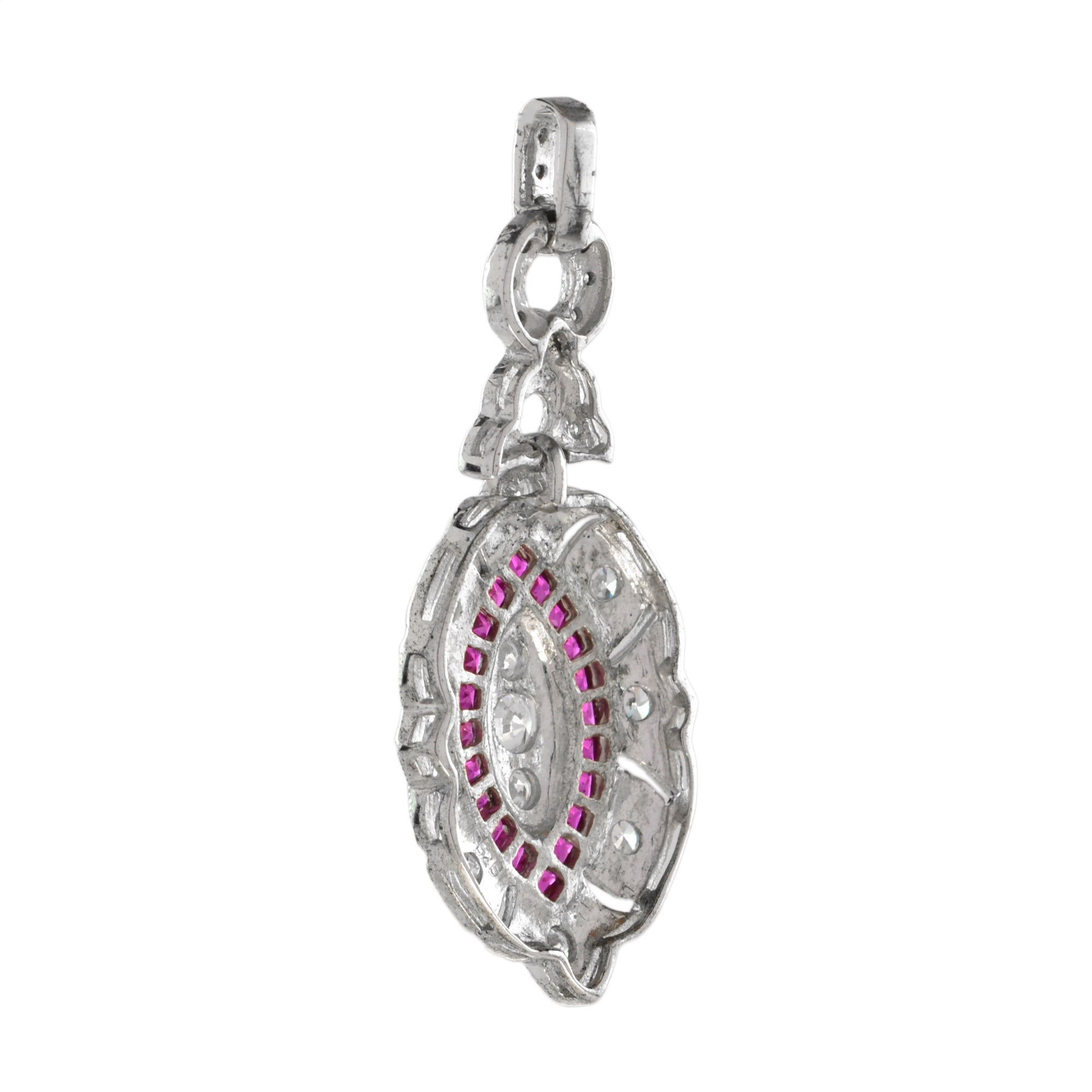 Diamond & Red Pink Ruby Art Deco Style Marquise Shape Dangle White Gold Pendant