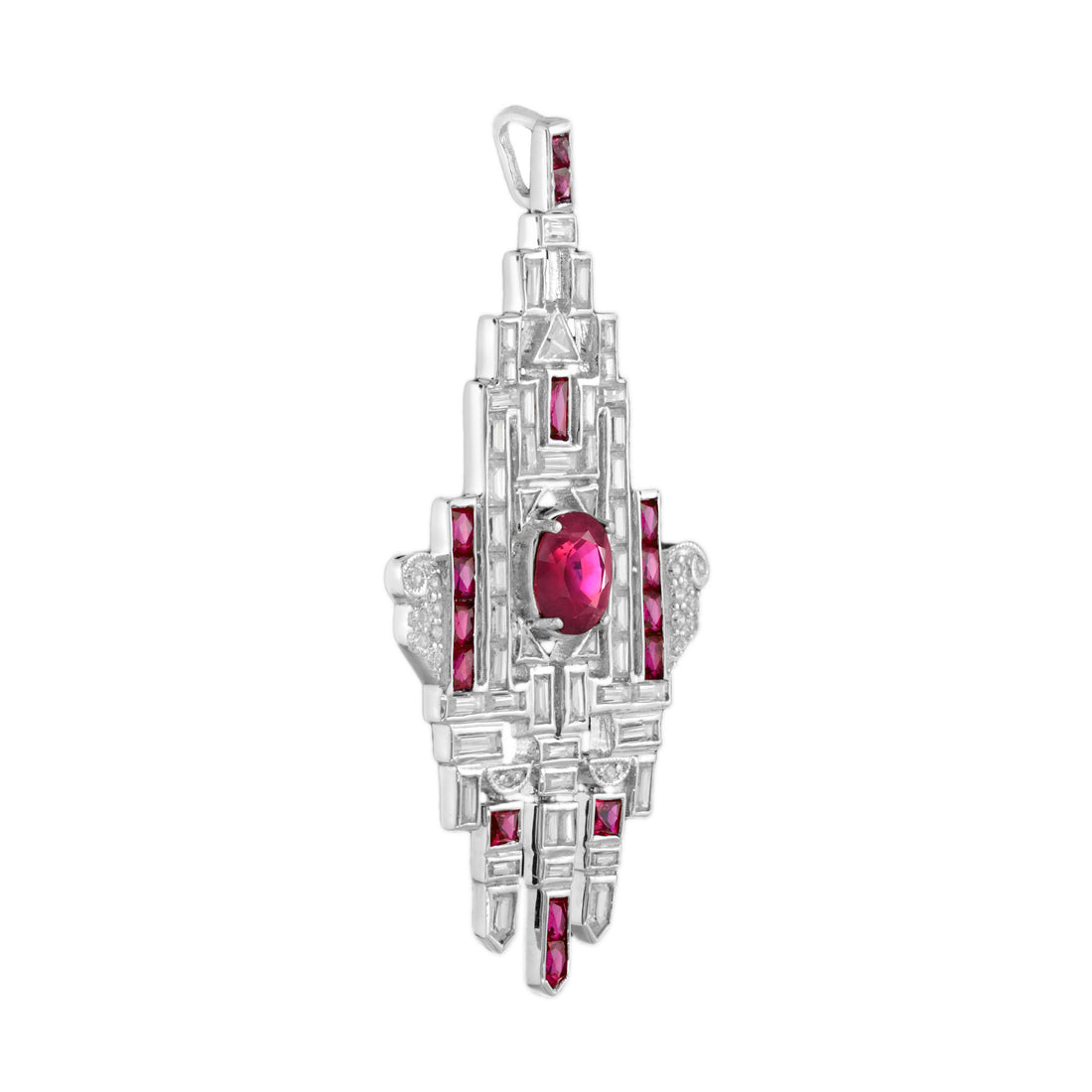 Pink Red Ruby & Diamond Art Deco Style Geometric Motif 18K White Gold Pendant