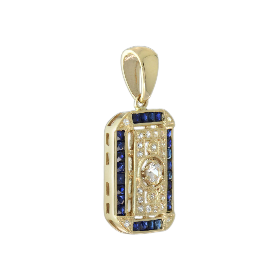 Old Mine Cut Diamond Blue Sapphire Antique Style Filigree Medallion Gold Pendant