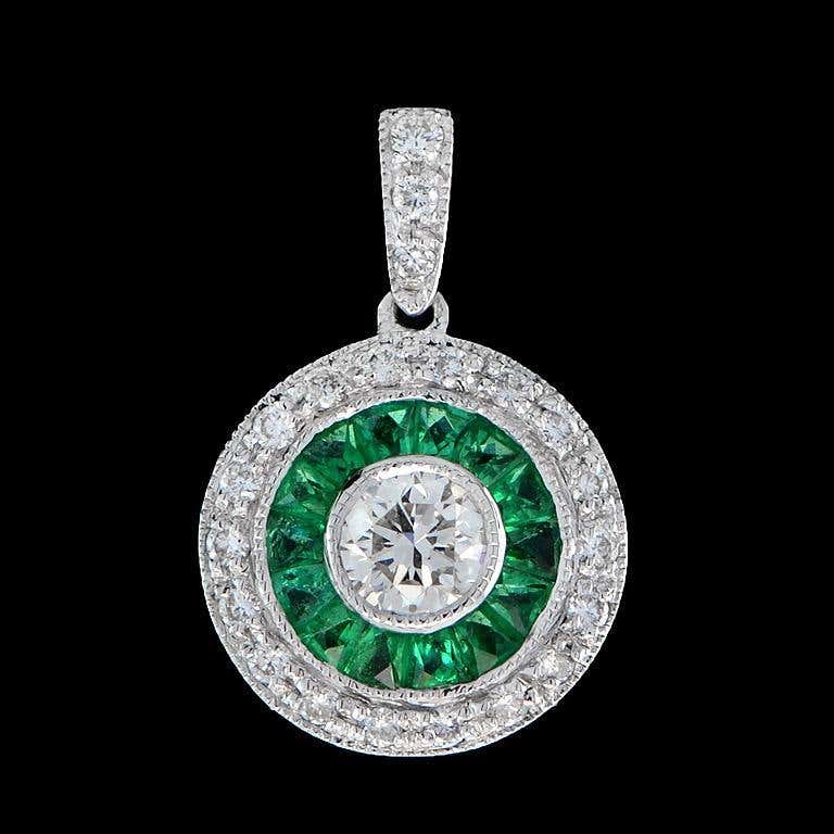 Art Deco Style Brilliant Diamond Green Emerald Fancy Cut Halo White Gold Pendant