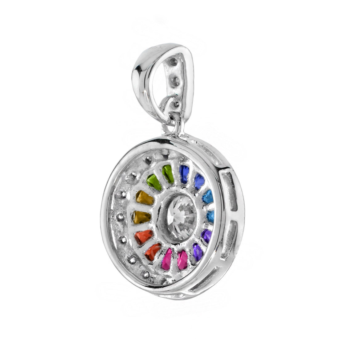 Diamond & Rainbow Sapphire Halo Set Art Deco Style 14K White Gold Pendant