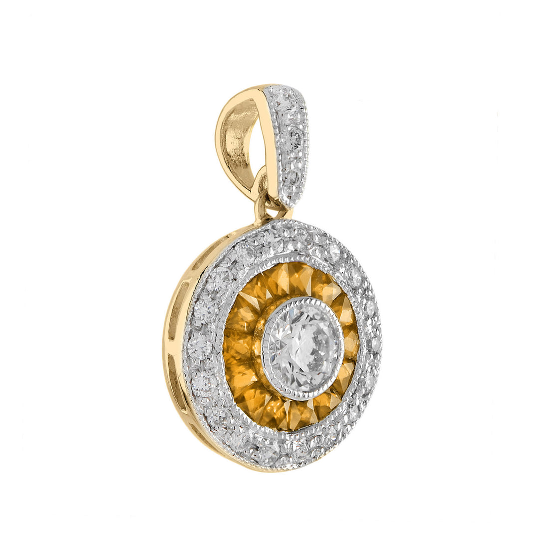 Diamond & Orange Sapphire Deco Style Halo Set 14K Gold Pendant