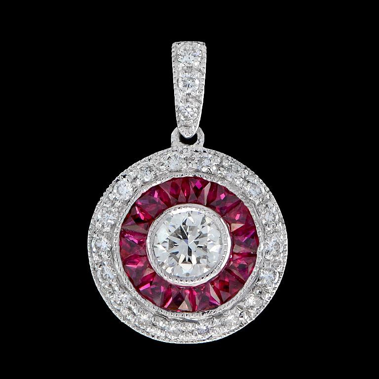 Art Deco Style Diamond & Red Pink Ruby Halo Set 14K White Gold Pendant