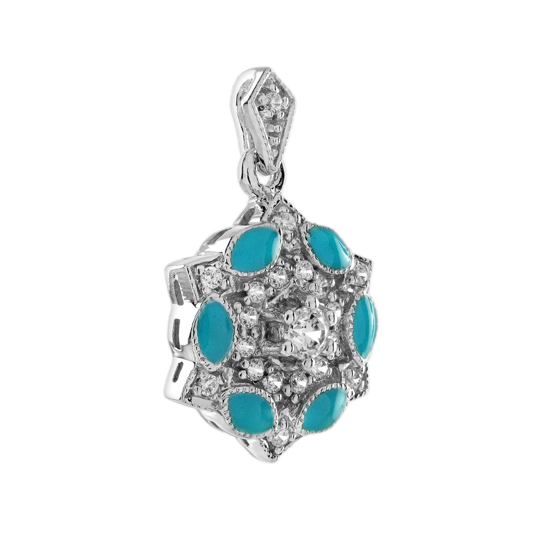 Diamond & Blue Enamel Art Deco Style Floral Flower 14K White Gold Drop Pendant