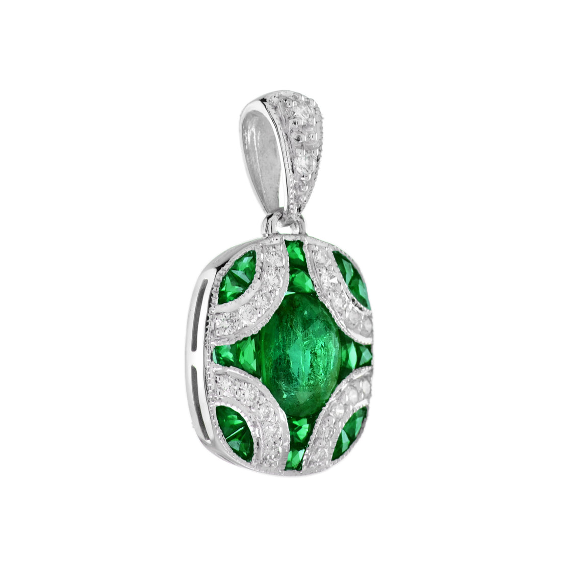 Green Oval Shape Emerald & Diamond Art Deco 14K White Gold Pendant