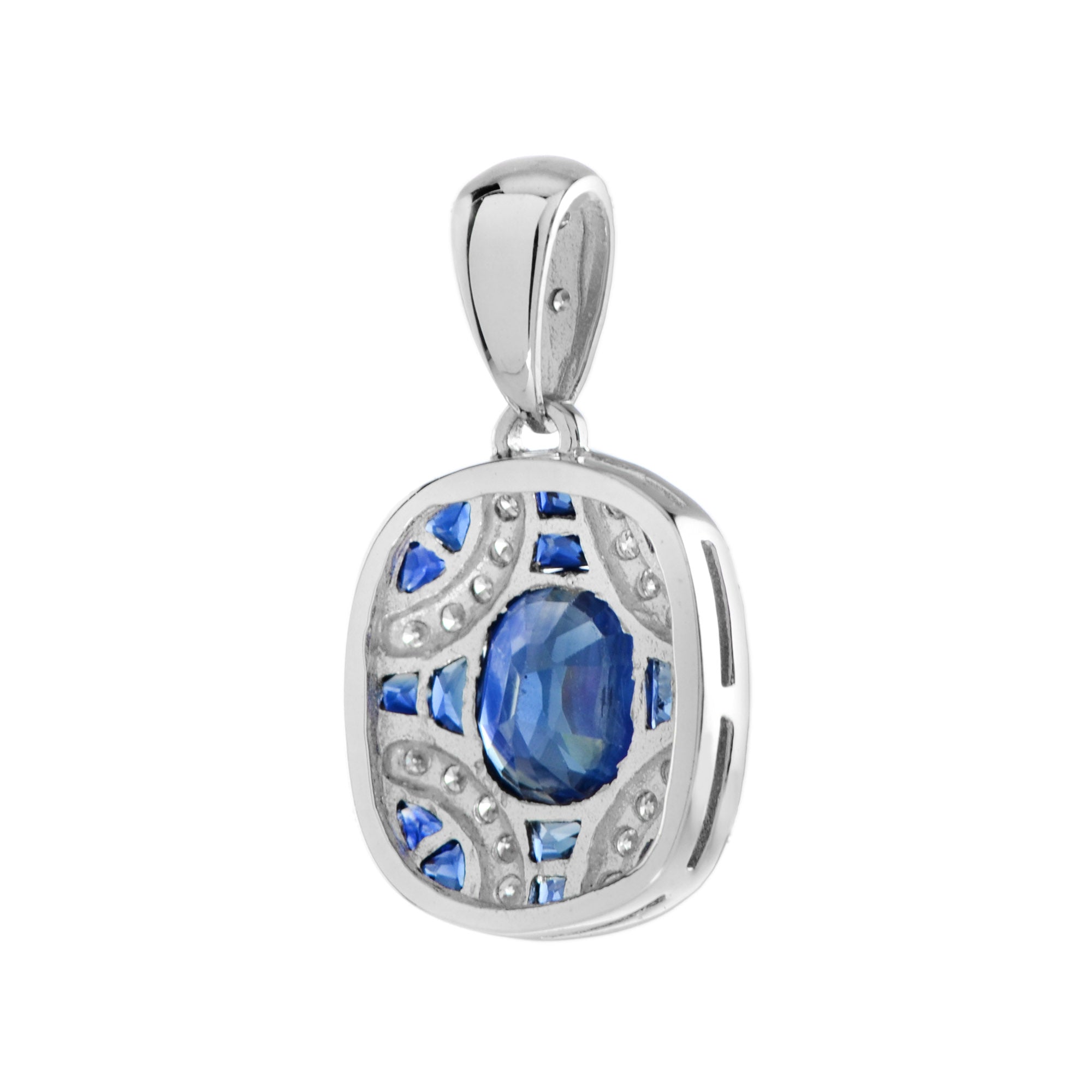 Oval Blue Sapphire & Diamond Curve Art Deco Style 14K White Gold Pendant