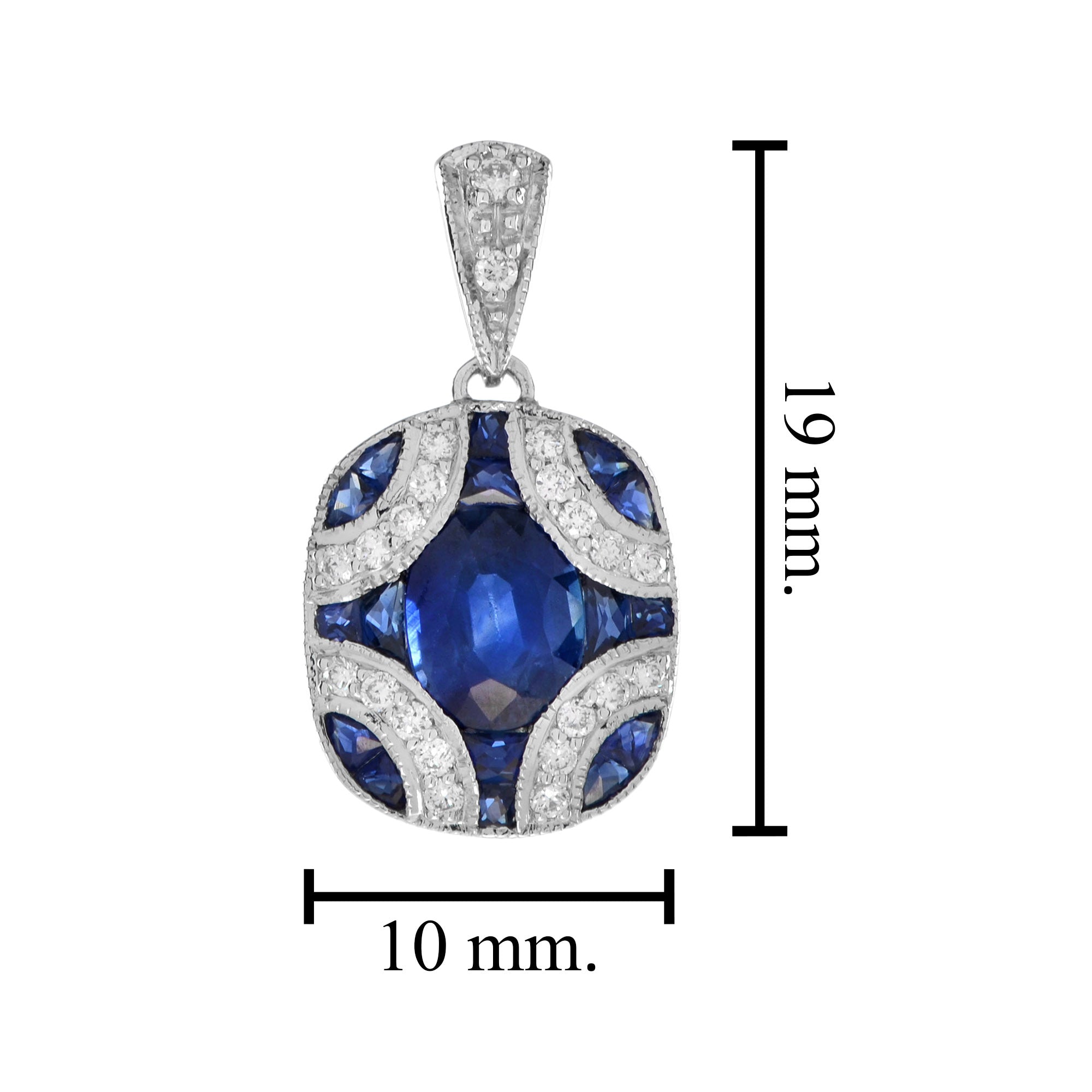 Oval Blue Sapphire & Diamond Curve Art Deco Style 14K White Gold Pendant