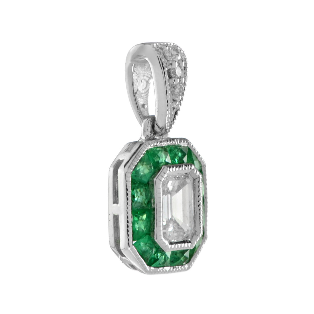 Emerald Cut Diamond & Green Emerald Halo 14K White Gold Pendant