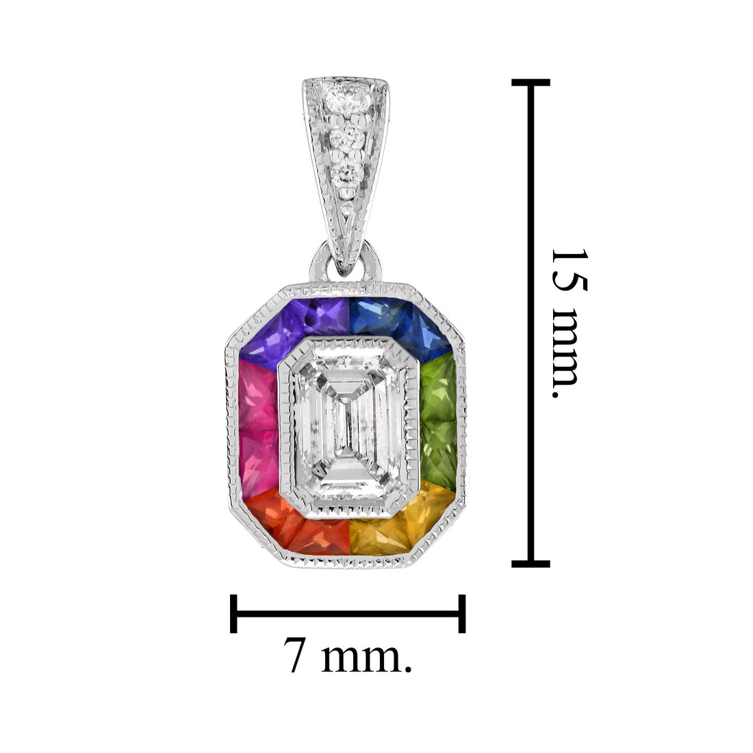Diamond Rainbow Colored Sapphire Halo Set Art Deco Style 14K White Gold Pendant