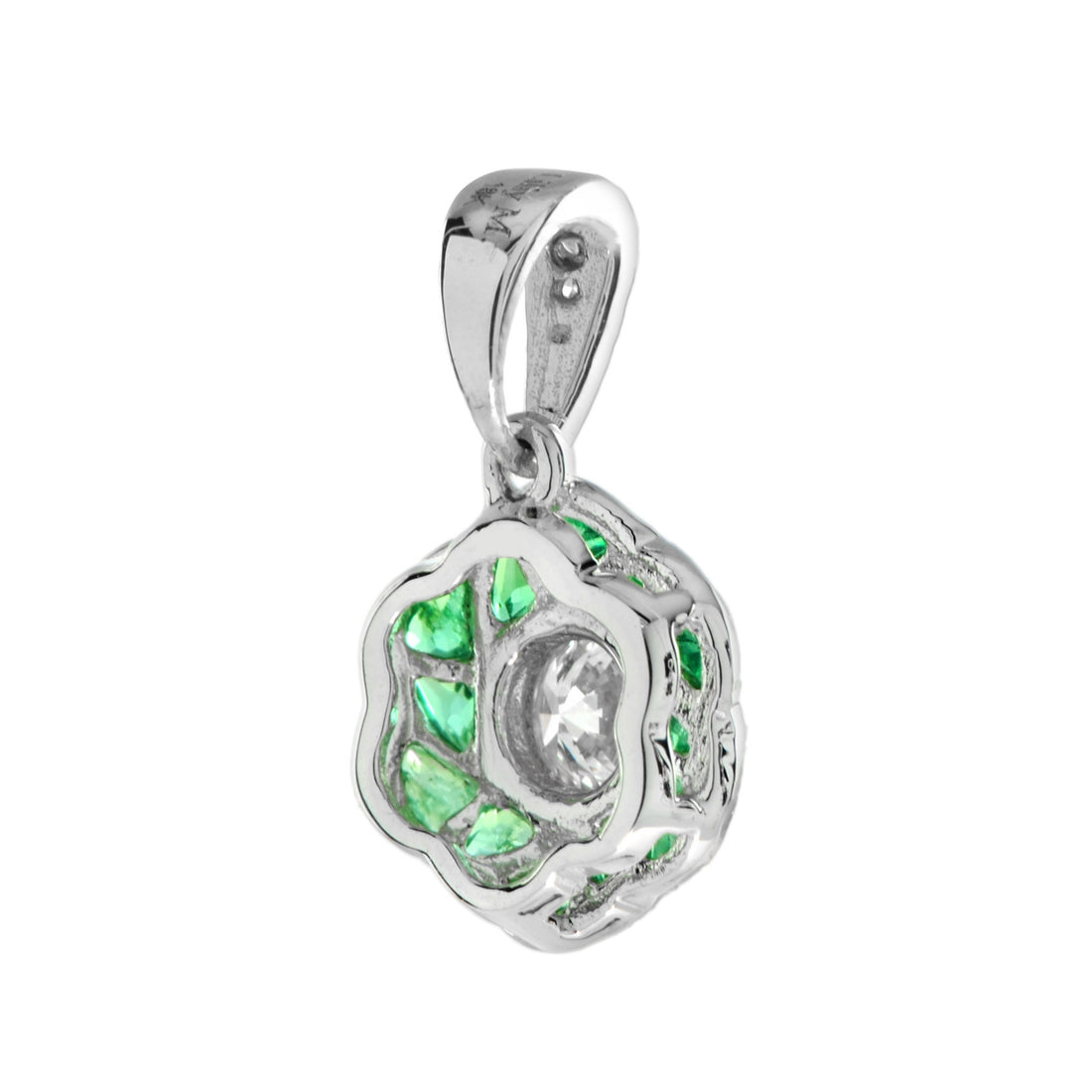 Rose Petal Flower Diamond  French Cut Emerald Art Deco Style White Gold Pendant