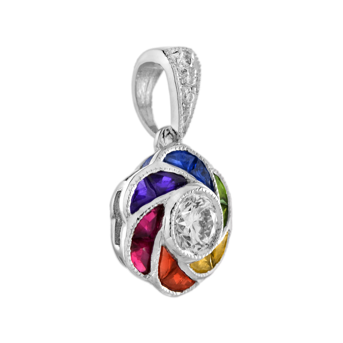 Diamond & Rainbow Sapphire Art Deco Style Floral 14K White Gold Pendant