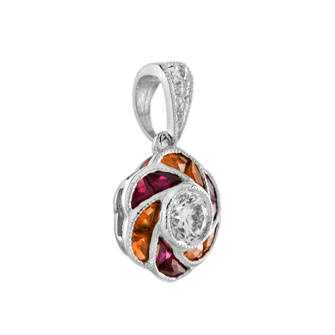 Round Diamond Red Pink Ruby Orange Sapphire Floral 18K White Gold Pendant