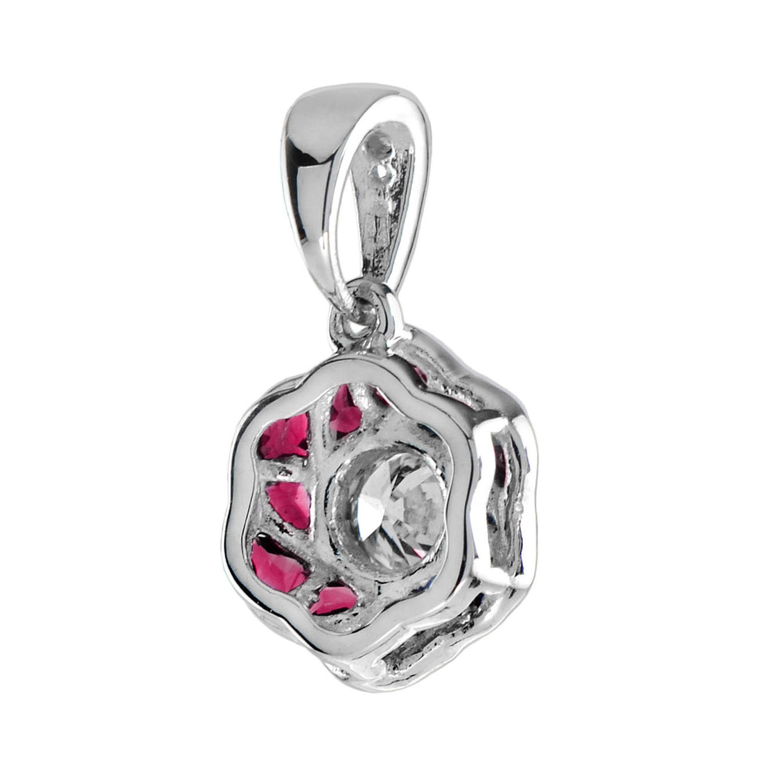Rose Petal Flower Diamond with French Cut Ruby Art Deco Style White Gold Pendant