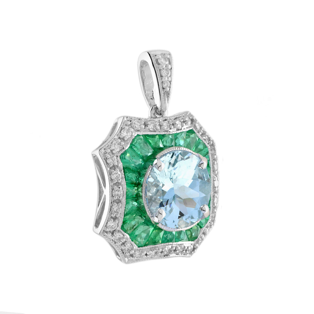 Round Brilliant Cut Blue Aquamarine Emerald Art Deco Style White Gold Pendant