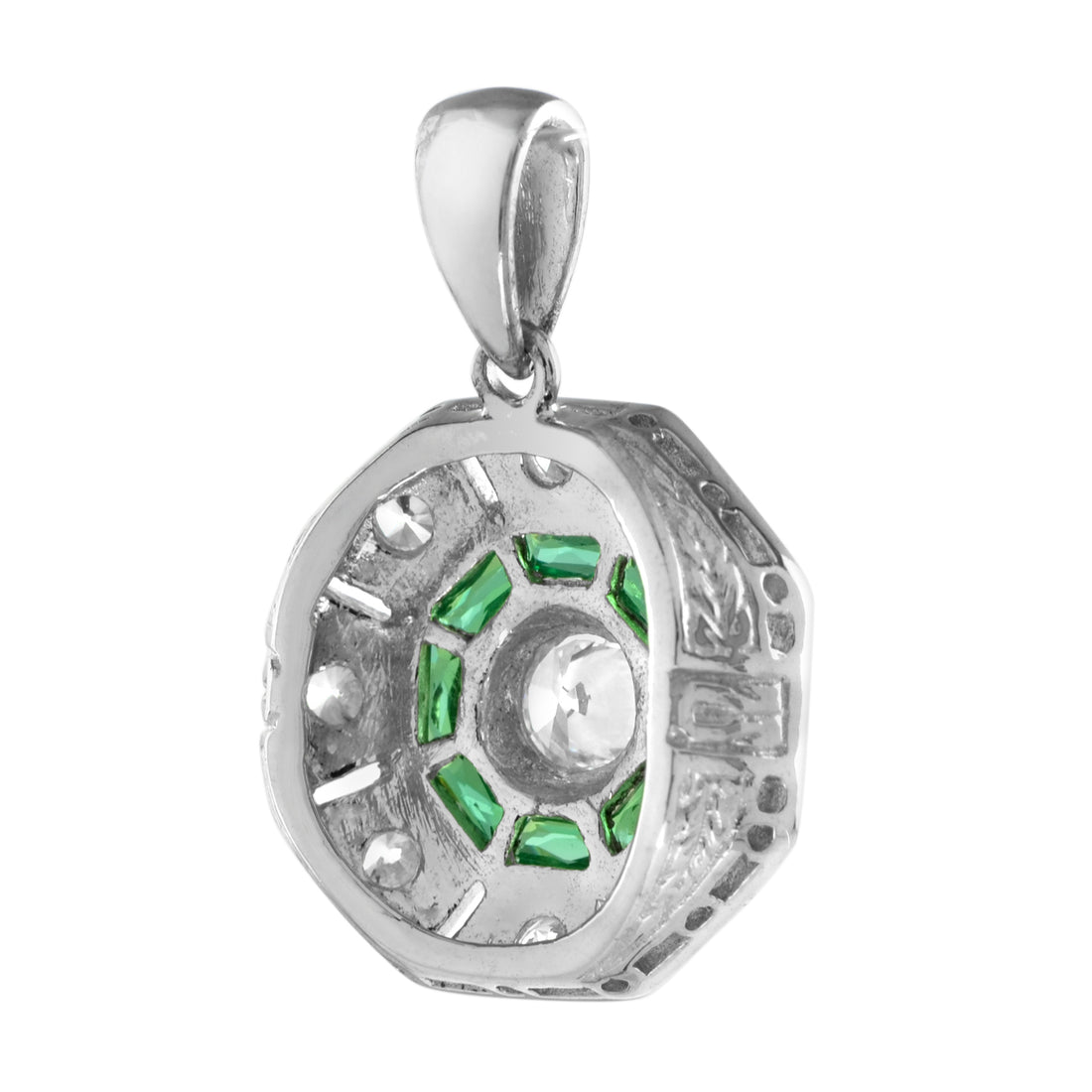 Diamond & Emerald Art Deco Style Octagon Shaped 14K White Gold Pendant