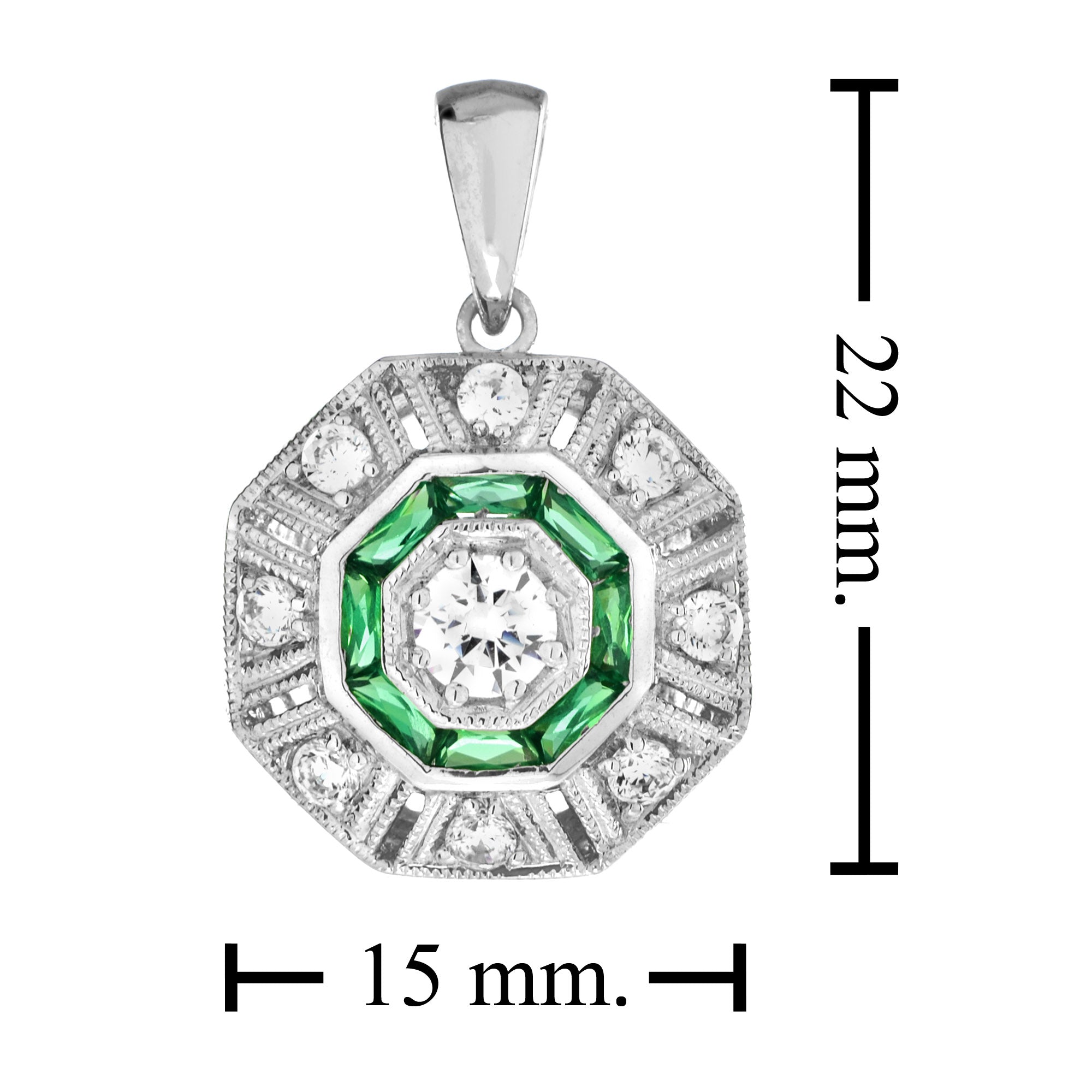 Diamond & Emerald Art Deco Style Octagon Shaped 14K White Gold Pendant
