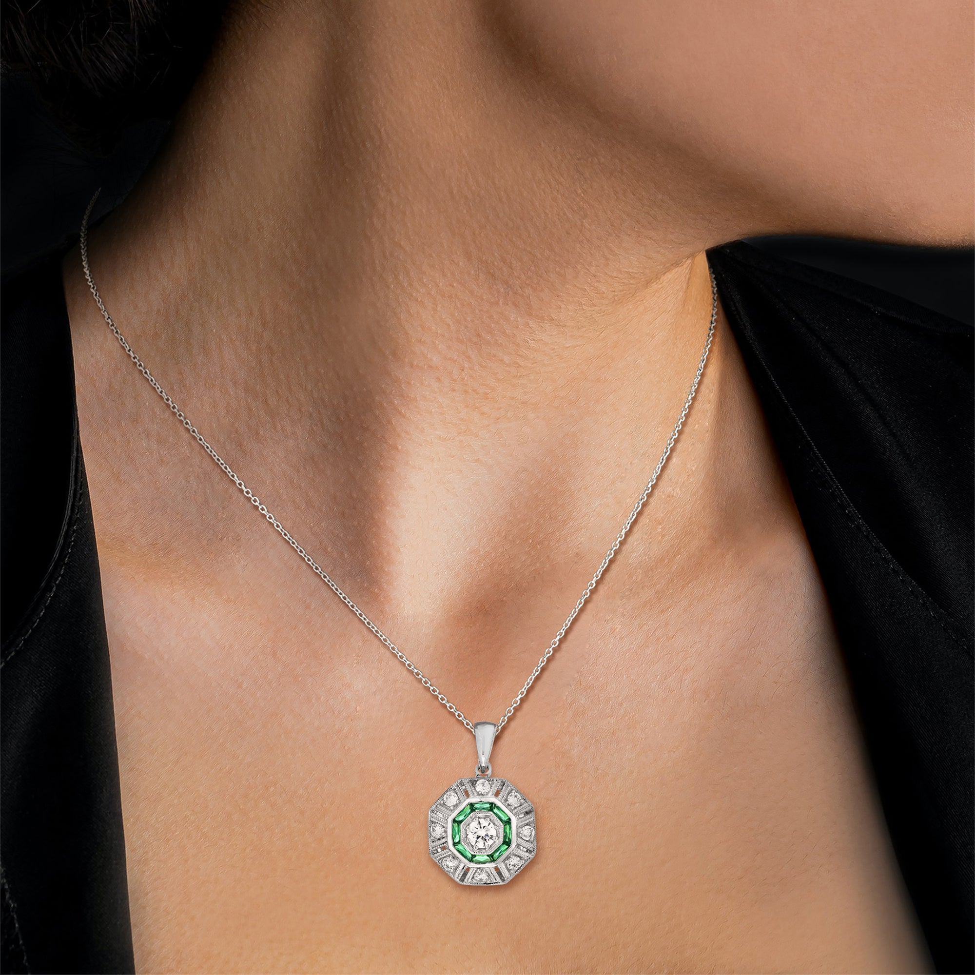 Diamond & Emerald Art Deco Style Octagon Shaped 14K White Gold Pendant
