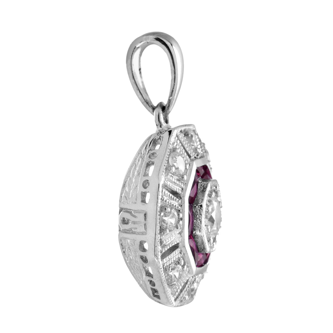 Diamond & Red Pink Ruby Art Deco Inspired Style Octagon 14K White Gold Pendant