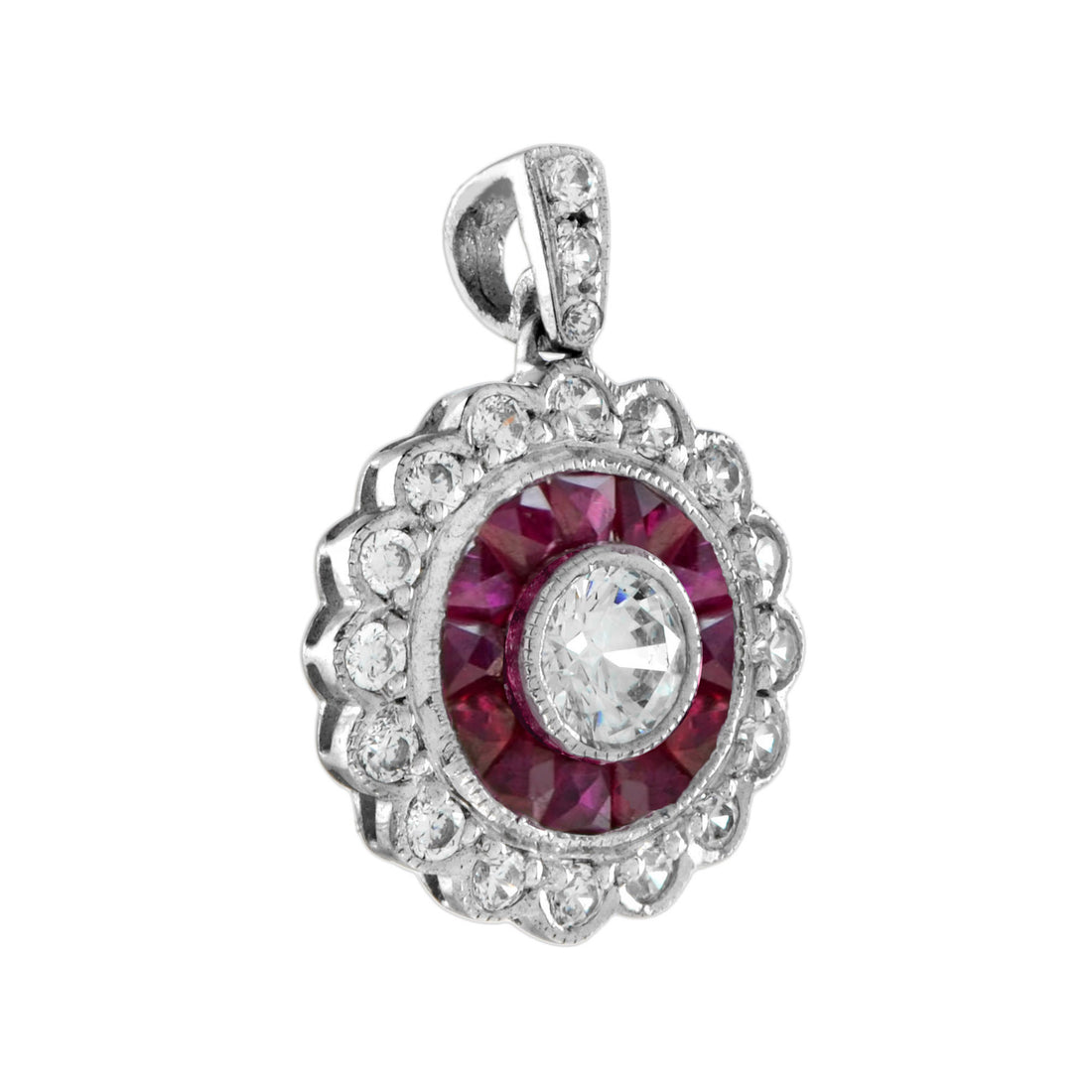 Diamond & Red Pink Ruby Art Deco Style Target 14K White Gold Pendant