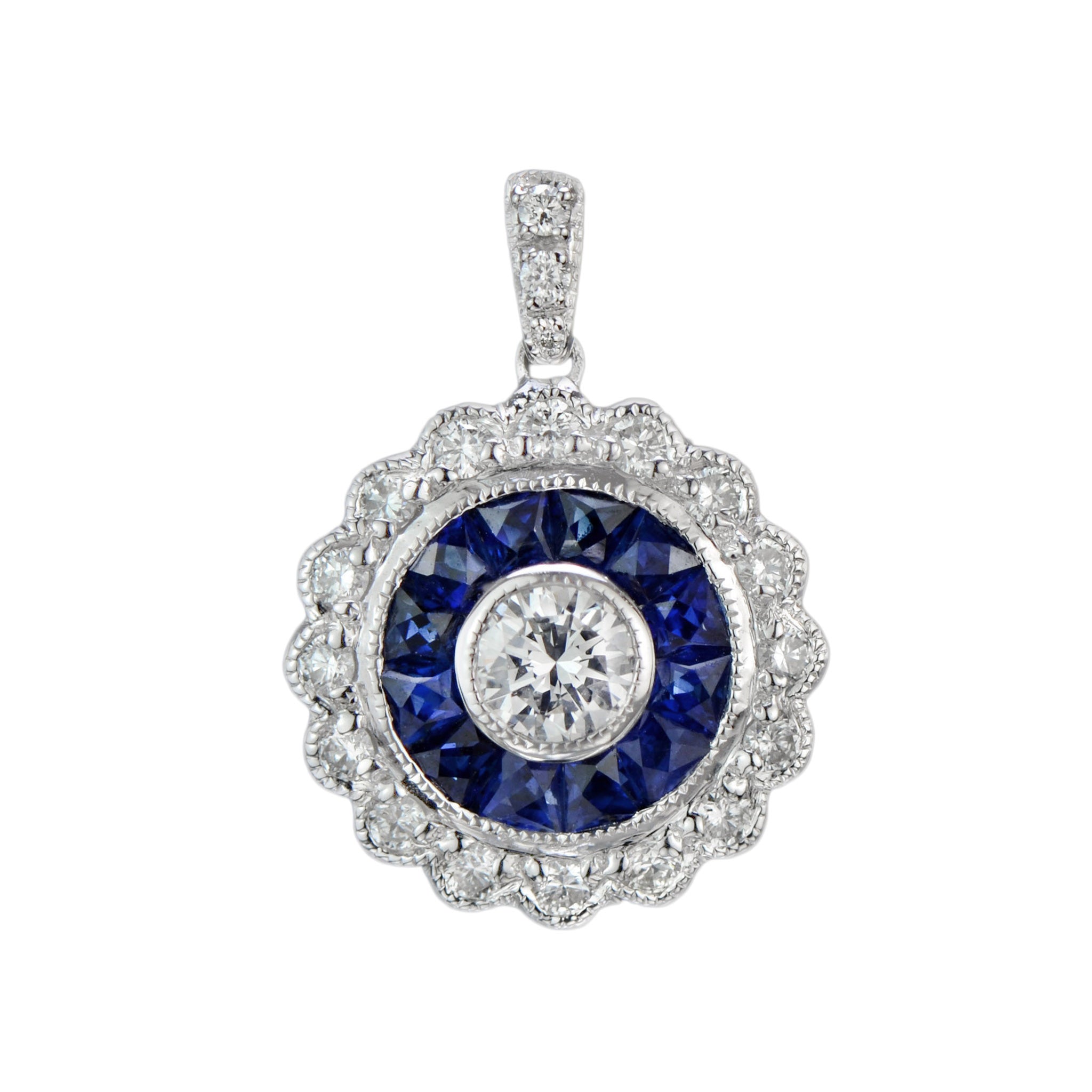 4mm Round Diamond & Blue Sapphire Vintage Inspired Halo 14K White Gold Pendant