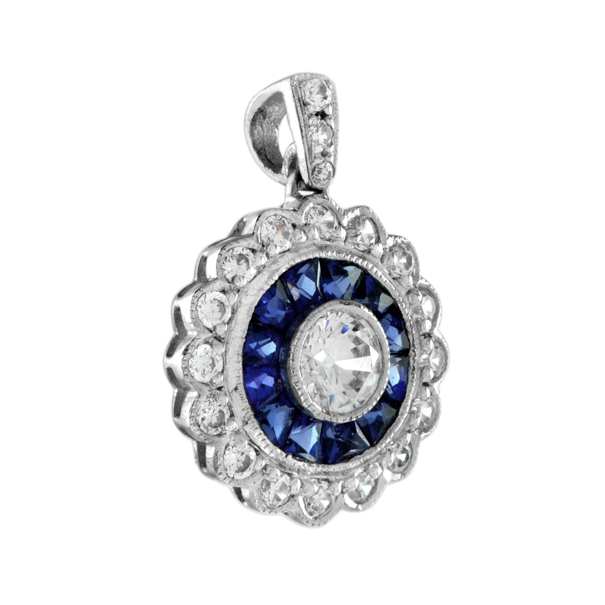 4mm Round Diamond & Blue Sapphire Vintage Inspired Halo 14K White Gold Pendant