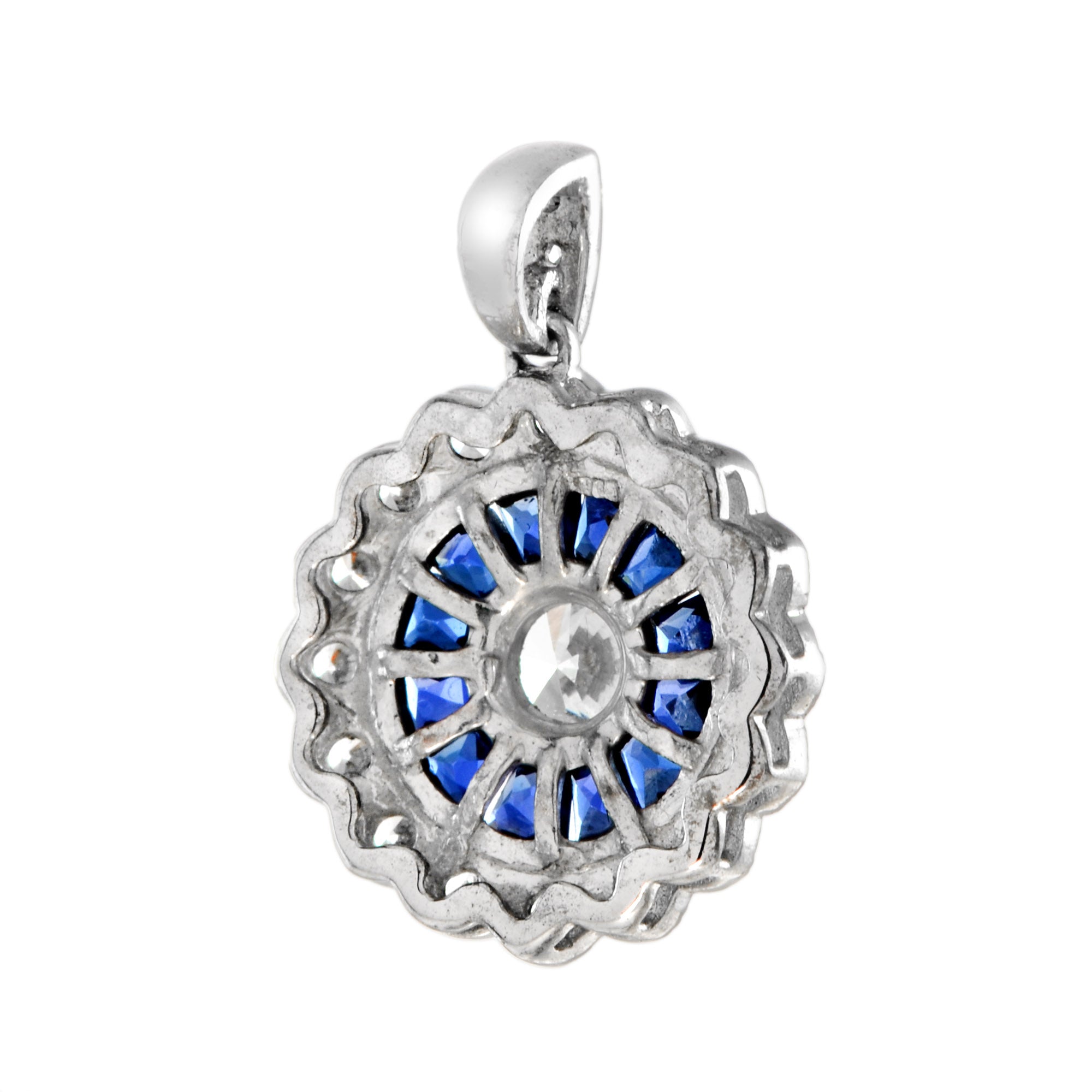 4mm Round Diamond & Blue Sapphire Vintage Inspired Halo 14K White Gold Pendant