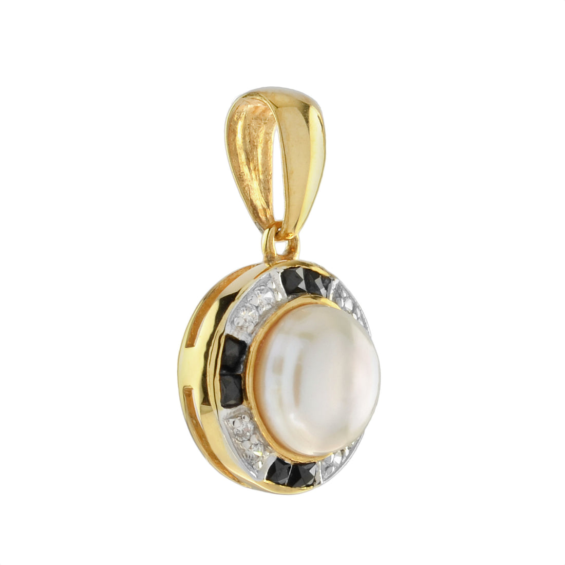 White Freshwater Pearl with Diamond & Black Onyx Halo Set 14K Gold Pendant