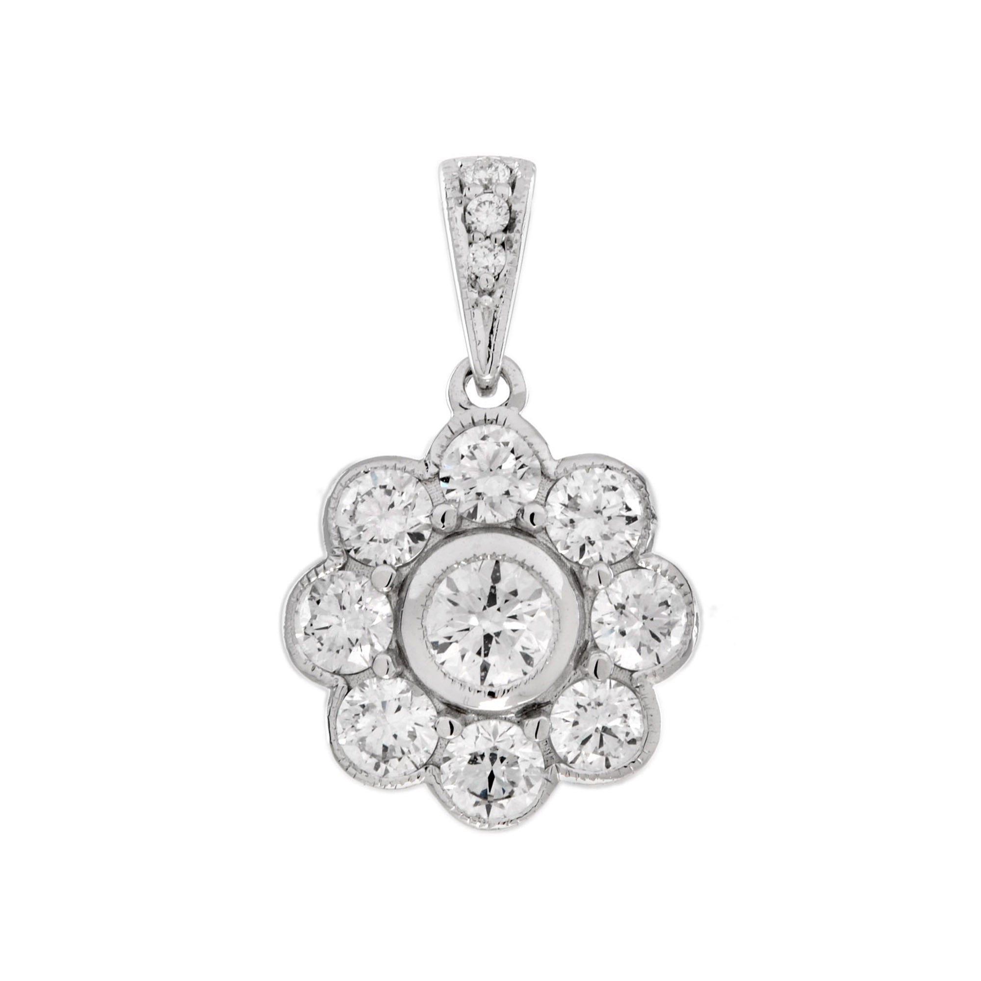 Diamond Edwardian Style Halo Set Floral Cluster 14K White Gold Pendant