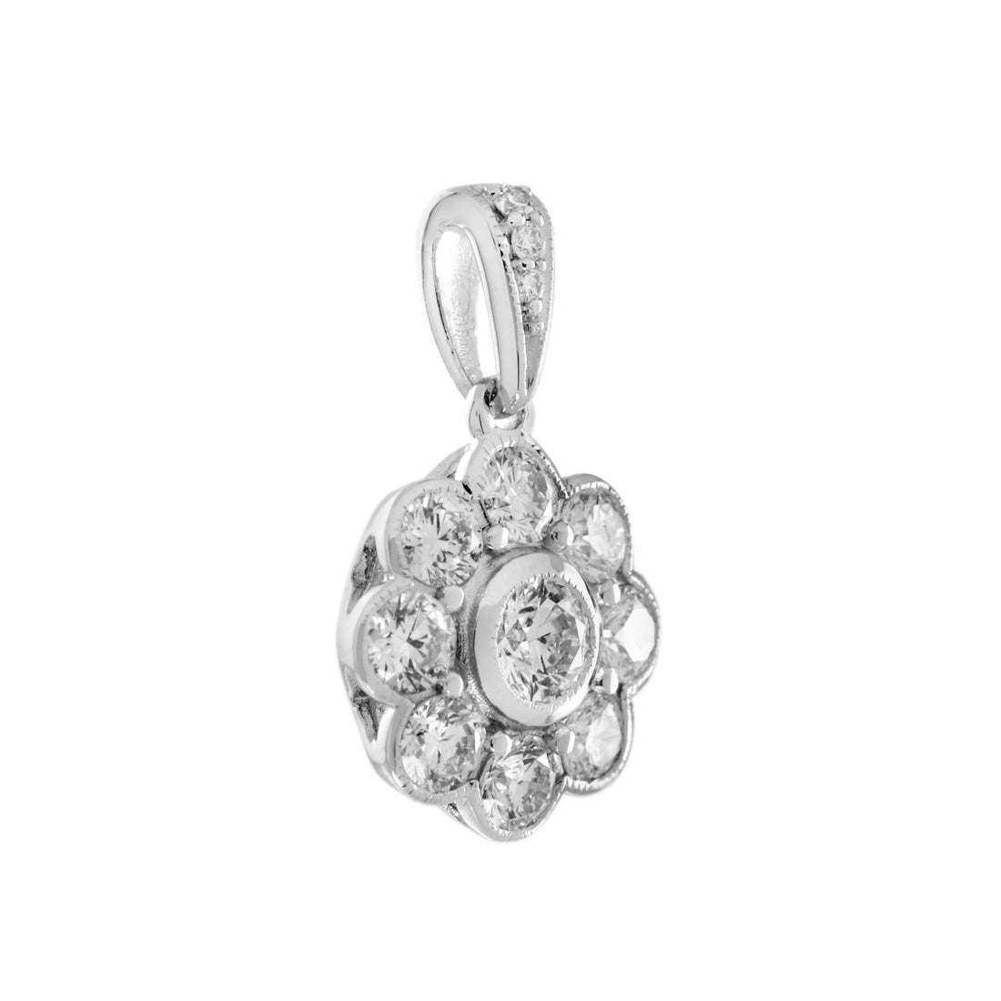 Diamond Edwardian Style Halo Set Floral Cluster 14K White Gold Pendant