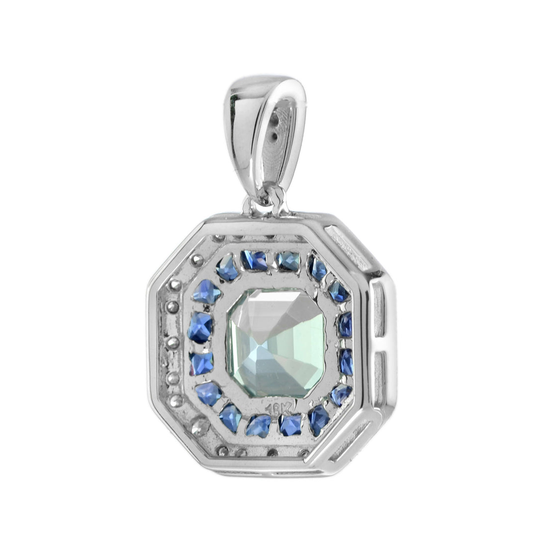 Art Deco Style Blue Aquamarine & Sapphire Diamond Octagon Halo White Pendant