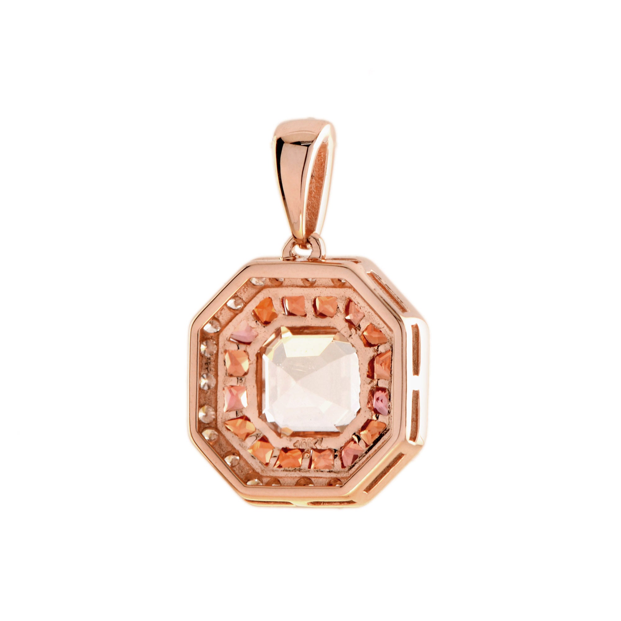 Asscher Morganite Orange Sapphire Diamond Art Deco Style Octagon Gold Pendant