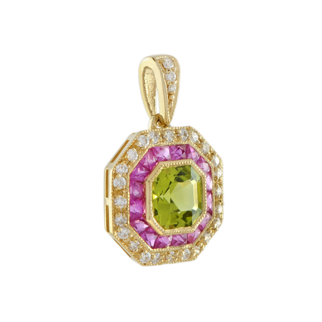 Asscher Green Peridot & Pink Ruby and Diamond Halo Art Deco Style Gold Pendant