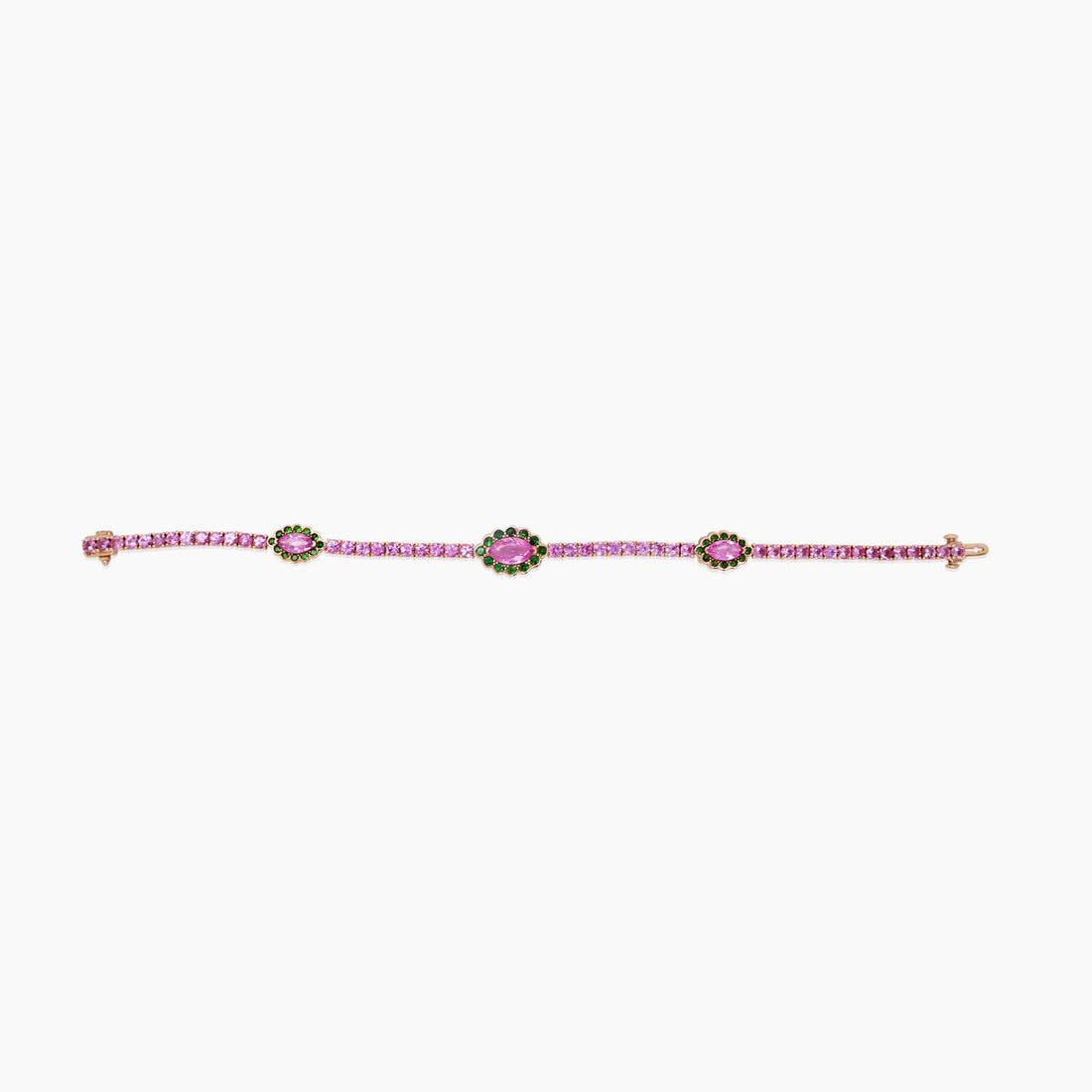 Pink Sapphire & Green Garnet & White Pearl 18K Gold Tennis Line Bracelet