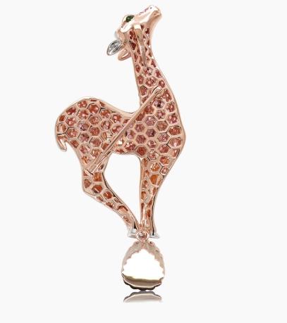 Pink Sapphire Pave & Antelope Deer 18K Rose Gold Statement Animal Pin Brooch