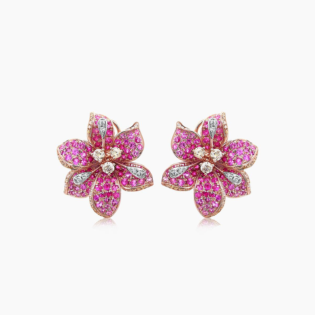 Pink Sapphire & Fancy & White Diamond Lilly Flower Floral 18K Rose Gold Earrings
