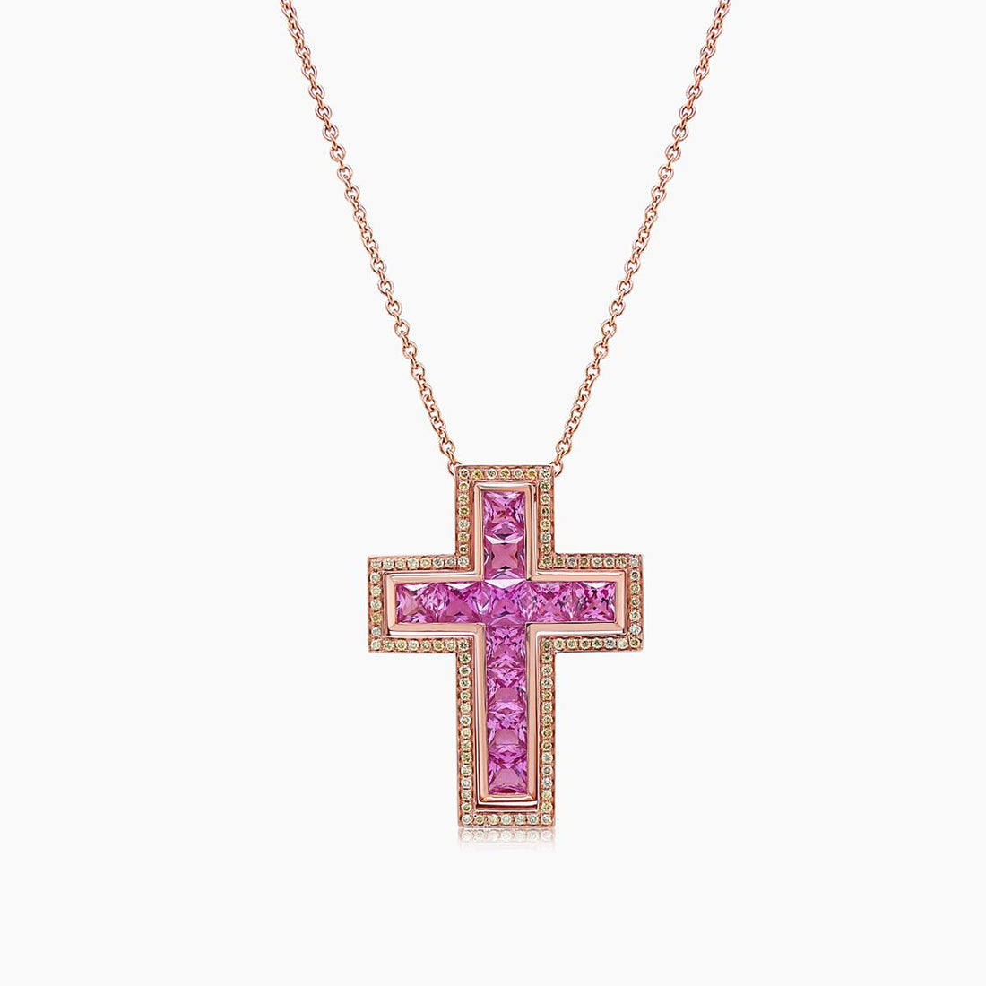 Square Cut Pink Sapphire & Fancy Diamond 18K Rose Gold Cross Pendant Necklace