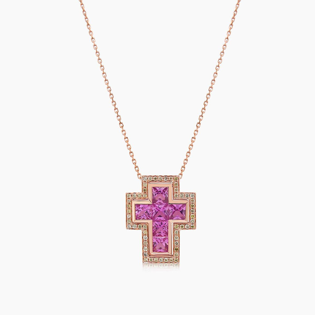 Square Cut Pink Sapphire & Fancy Diamond 18K Rose Gold Cross Pendant Necklace