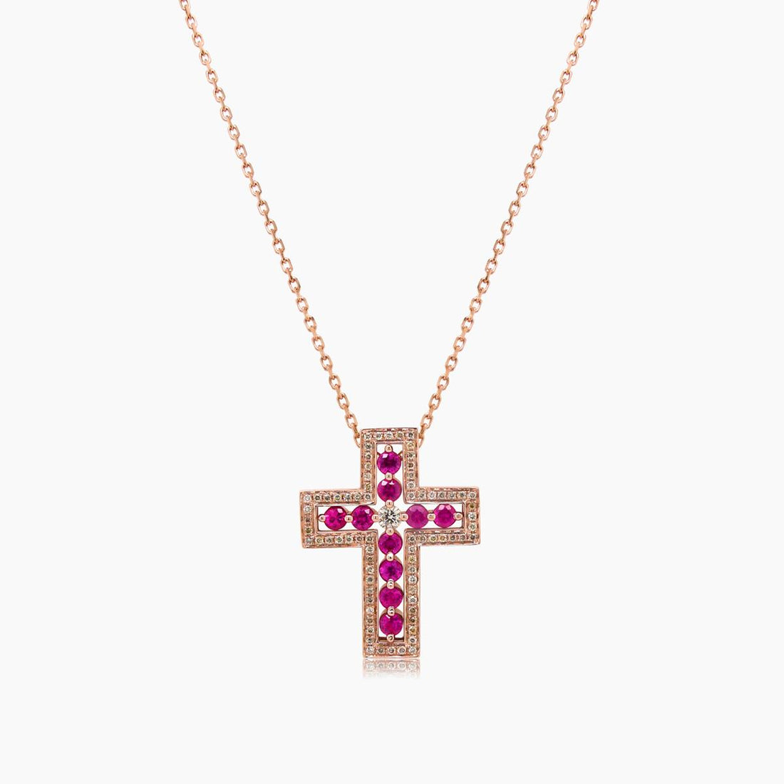 Pink Sapphire & Fancy Diamond Halo 18K Rose Gold Cross Design Pendant Necklace