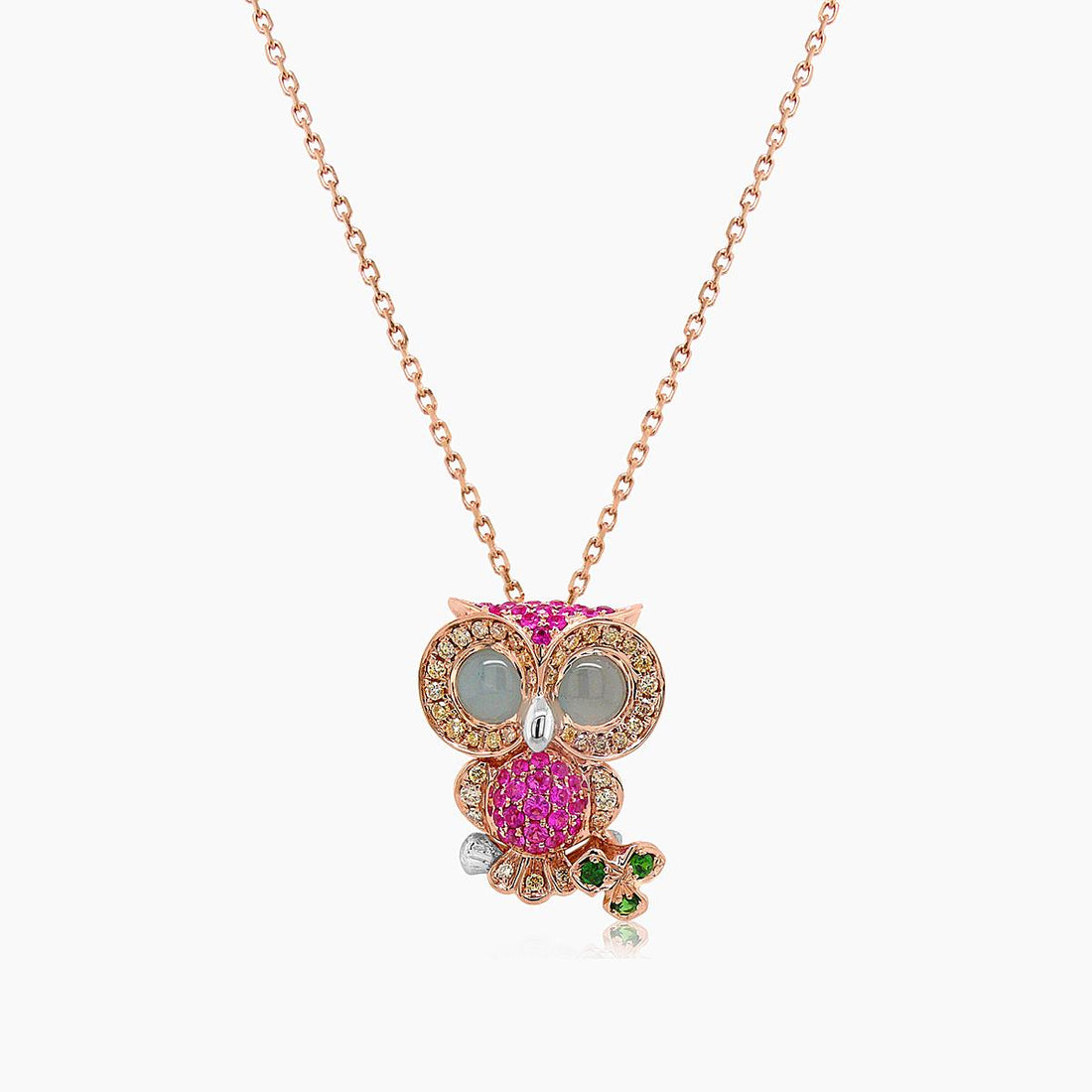 Owl Bird Pink Sapphire Diamond Aquamarine Garnet 18K Rose Gold Pendant Necklace