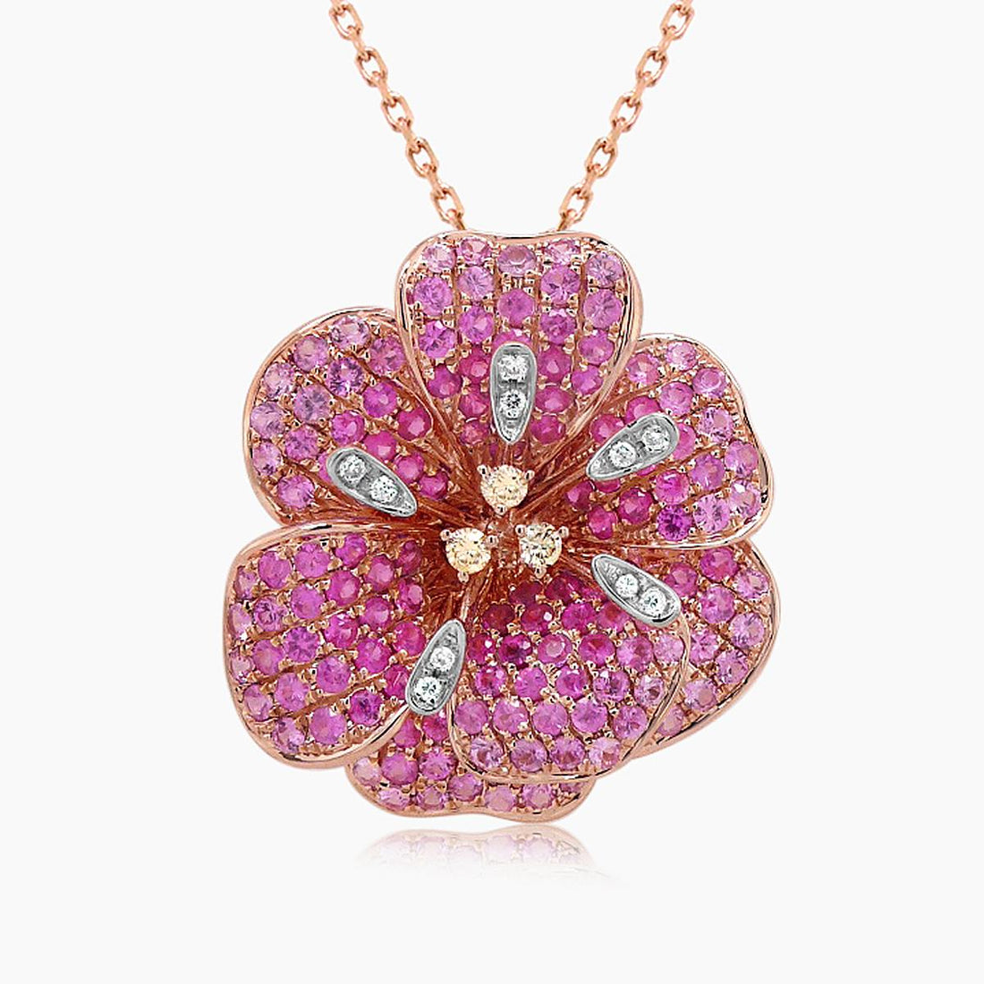 Pink Sapphire White & Fancy Diamond 18K Rose Gold Floral Design Pendant Necklace
