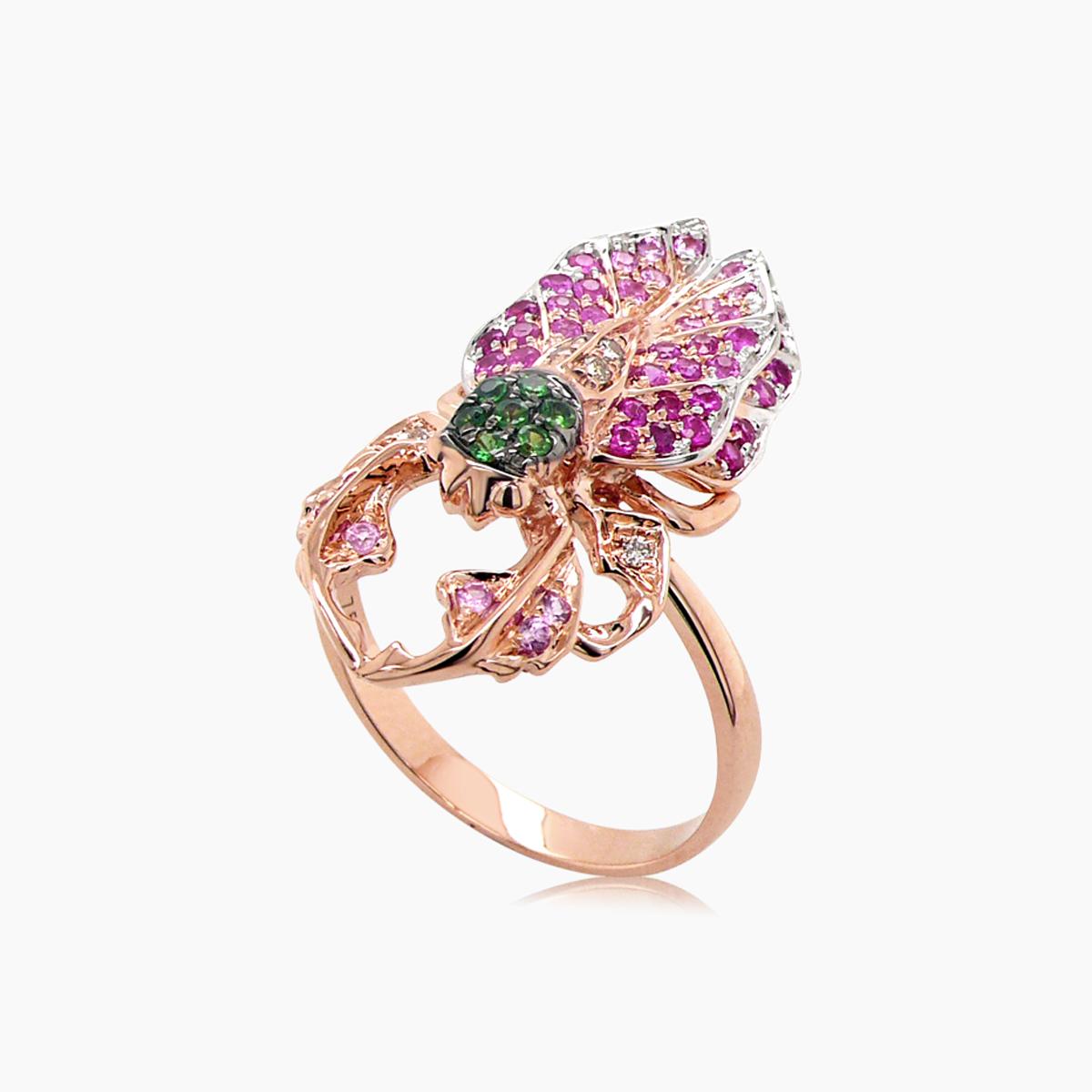 Multicolor Pink Gemstone & Diamond Pave Beetle Bug 18K Rose Gold Animal Ring