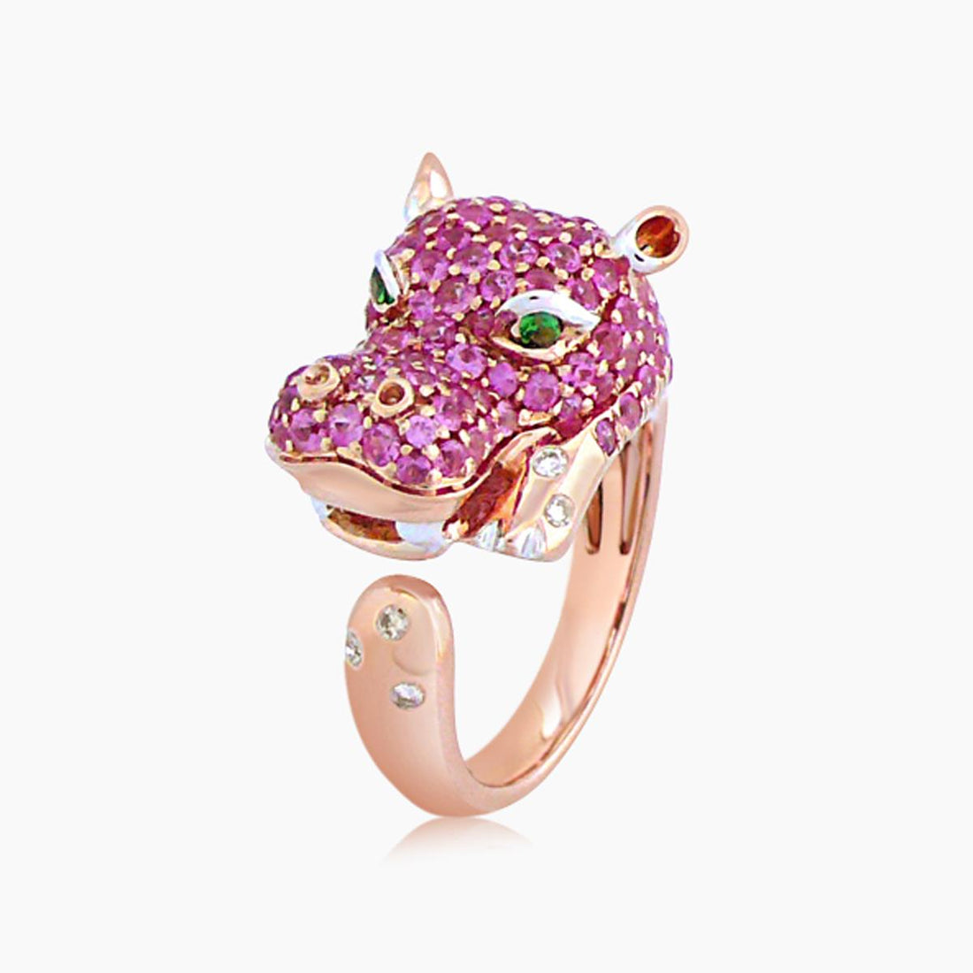 Hippo Pink Sapphire & Green Garnet & Diamond Pave 18K Rose Gold Animal Ring