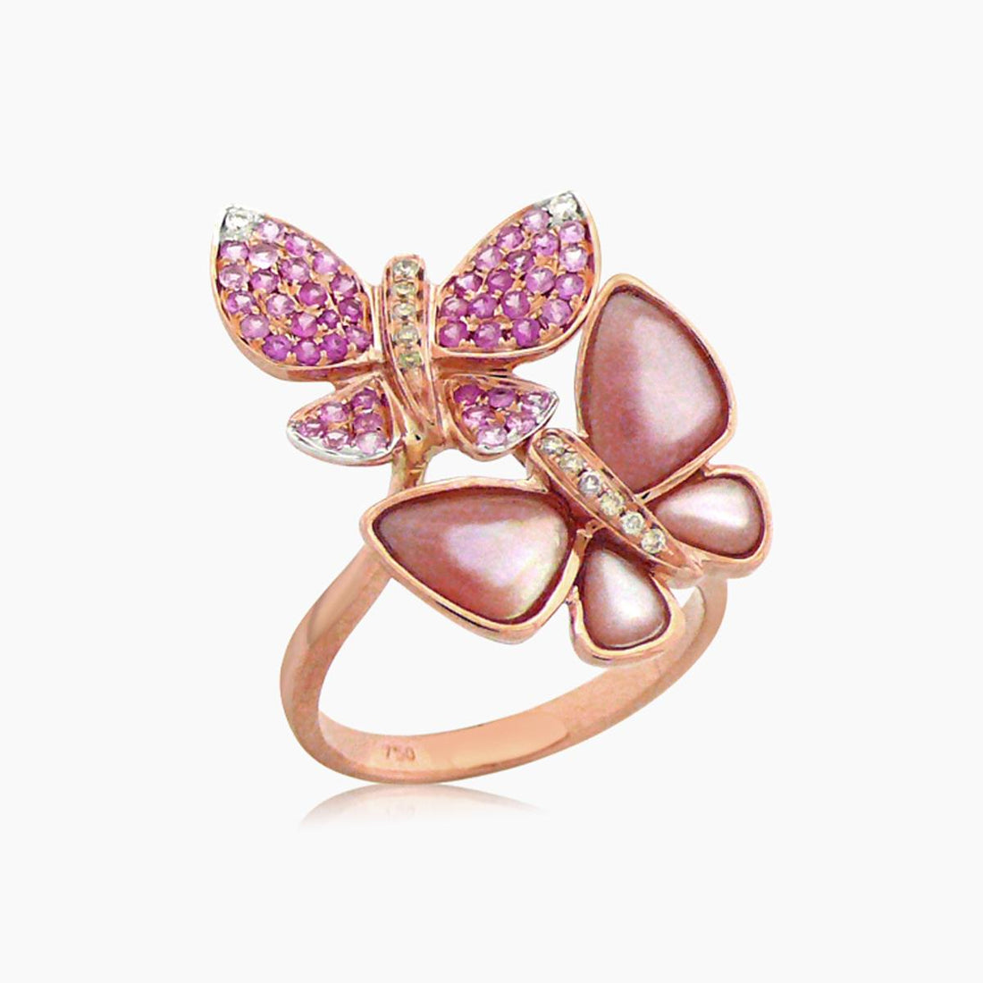 Pink Sapphire & Diamonds & Pearl Pave Butterfly Sweet 18K Rose Gold Animal Ring