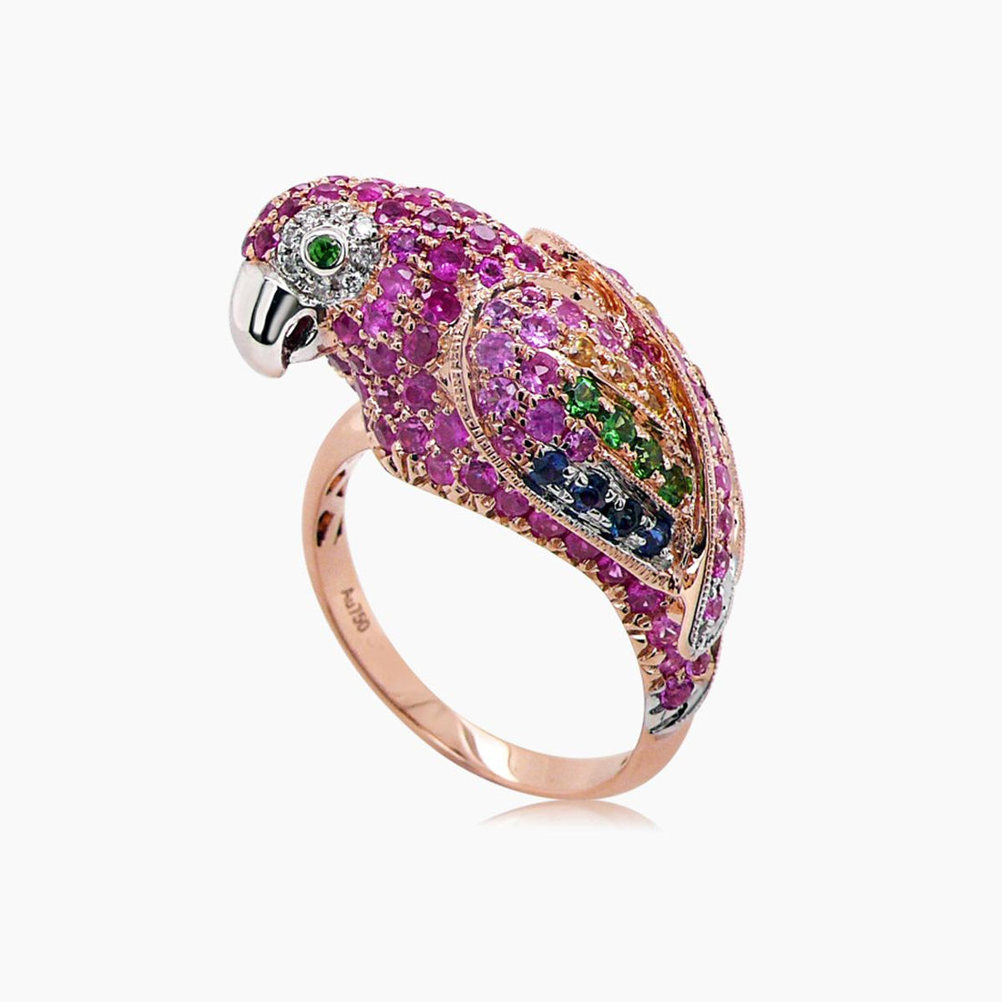 Parrot Bird Pink Sapphire Diamond & Sapphires & Garnet 18K Rose Gold Ring