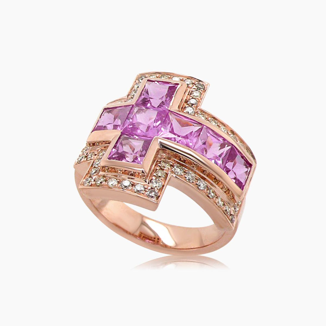 Square Cut Pink Sapphire & Fancy Diamond Halo 18K Rose Gold Cross Ring