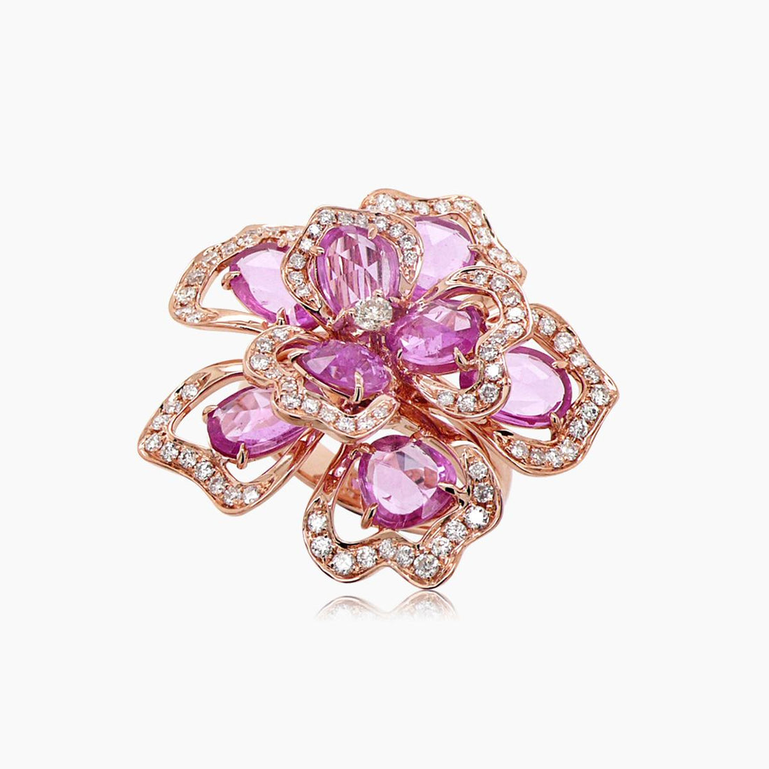 Pink Sapphire & White & Fancy Diamond Lilly Flower Floral 18K Rose Gold Ring