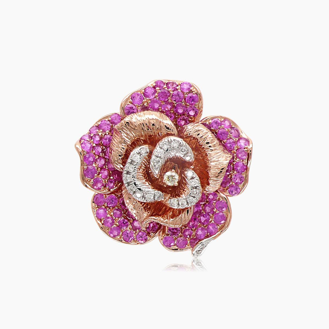 Pink Sapphire & White & Fancy Diamond Lilly Floral 18K Rose Flower Gold Ring