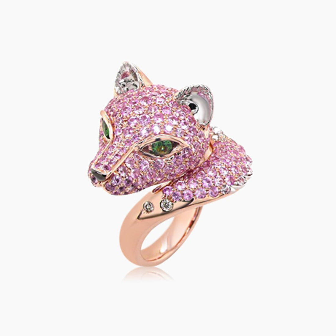 Fox Pink Sapphire & Diamond Pave & Green Garnet 18K Rose Gold Animal Ring